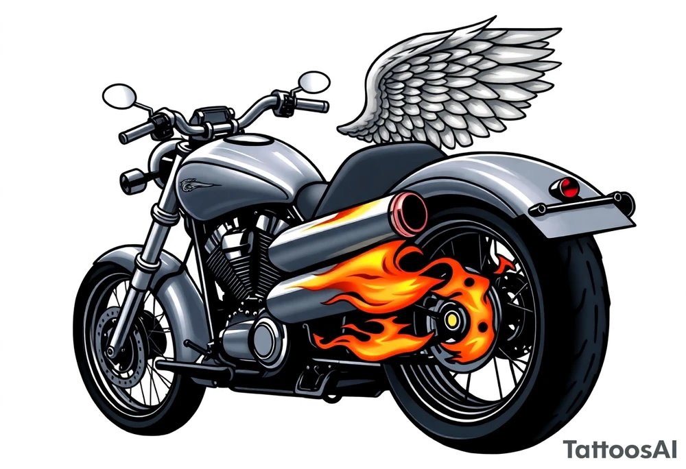 Low rider grey motorcycle, big muffler pipes with flames, angel wings, driving away, no person tattoo idea
