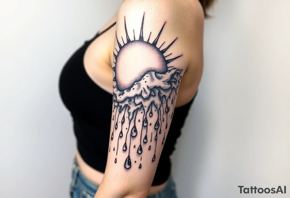 A large sun melting a snow flake and the snow flakes turning into rain drops as it rains down tattoo idea