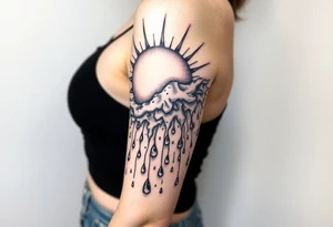 A large sun melting a snow flake and the snow flakes turning into rain drops as it rains down tattoo idea