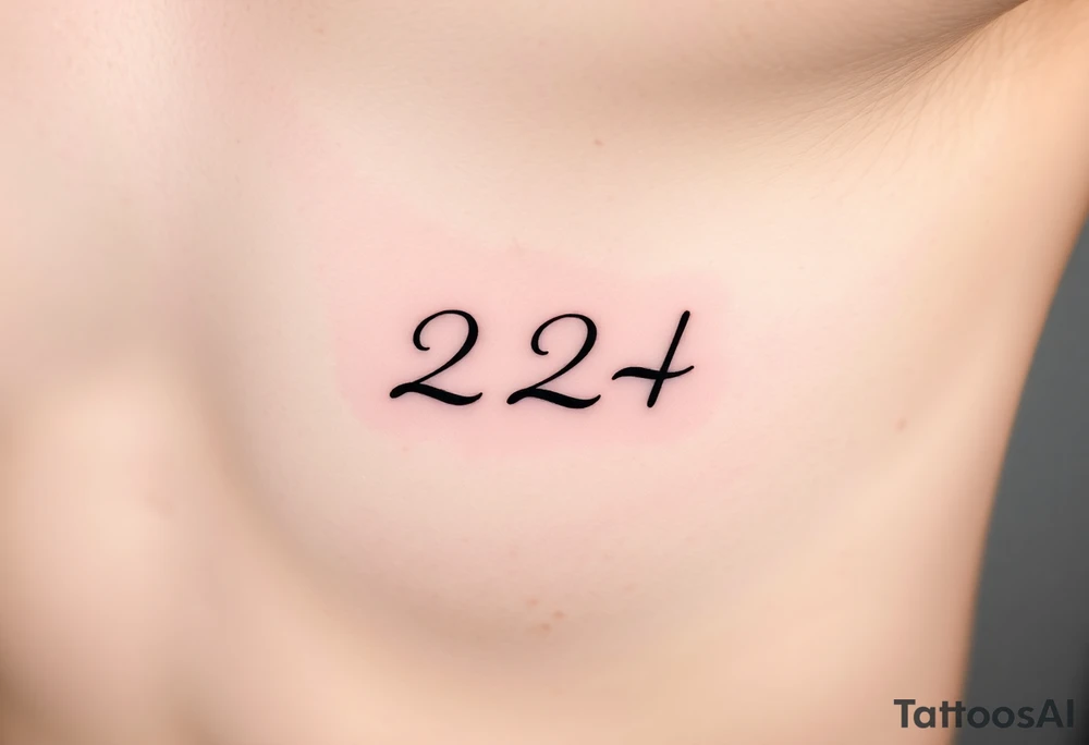 224 tattoo on ribcage under chest left side an elegant handwritten calligraphy style. The digits are slightly italicized with a smooth flowing script. The lines are clean, refined, and slightly bold at the base, giving a subtle brush-pen effect. tattoo idea