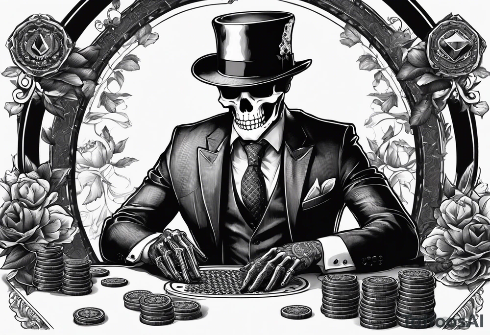 Skeleton in suit, with hat, sitting at the table, holding poker tokens tattoo idea holding cigar tattoo idea