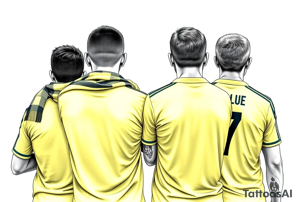 4 soccer fans from their backs, wearing yellow blue shirts. the second one from left having a kid on his shoulders, and he's rising a scarf.
the right one is older and shorter and wearing an shirt with the number 7 on it and has on his shoulders line like adidas tattoo idea