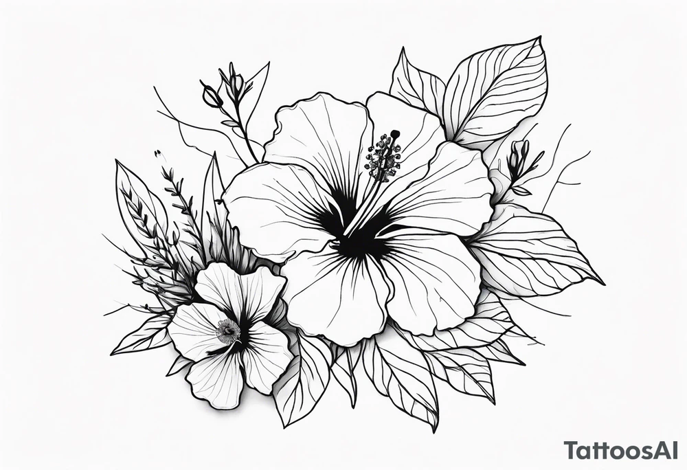 Hibiscus with wildflowers, poppy, complimentary flowers tattoo idea