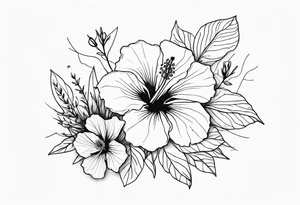 Hibiscus with wildflowers, poppy, complimentary flowers tattoo idea