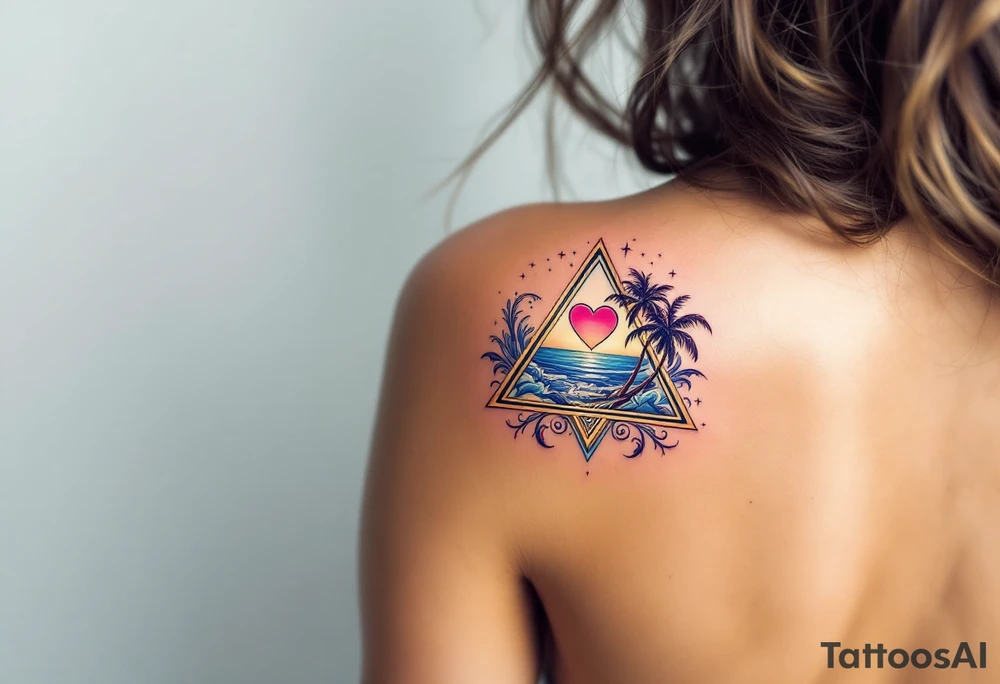 A triangle with a big heart in the center with an ocean palm tree theme tattoo idea