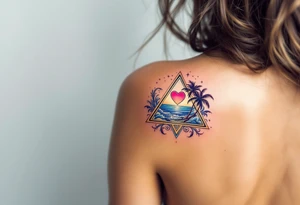 A triangle with a big heart in the center with an ocean palm tree theme tattoo idea