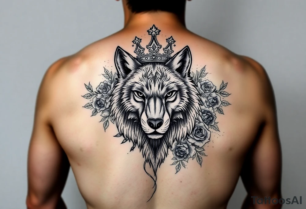 Intense and majestic wolf with crown, surrounded by floral ornaments and roses tattoo idea