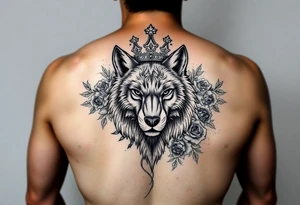 Intense and majestic wolf with crown, surrounded by floral ornaments and roses tattoo idea