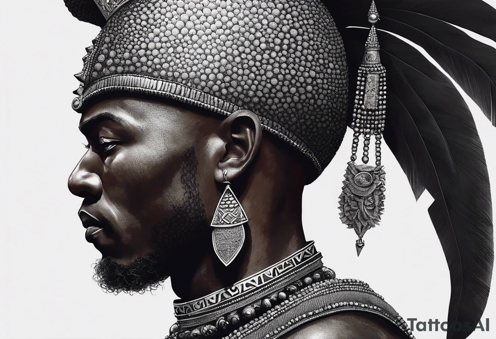 Black-skinned bald african warrior. He is a god of the war. Wears a simple red necklace and a silver crown tattoo idea
