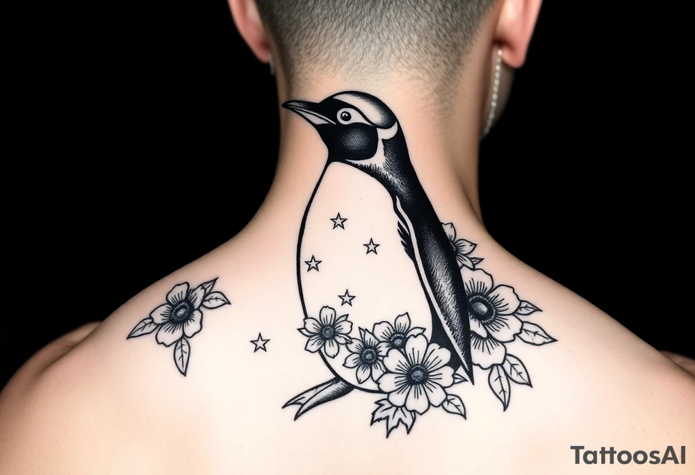 Penguin with stars and flowers black ink tattoo idea