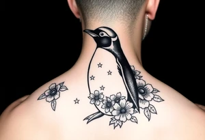 Penguin with stars and flowers black ink tattoo idea
