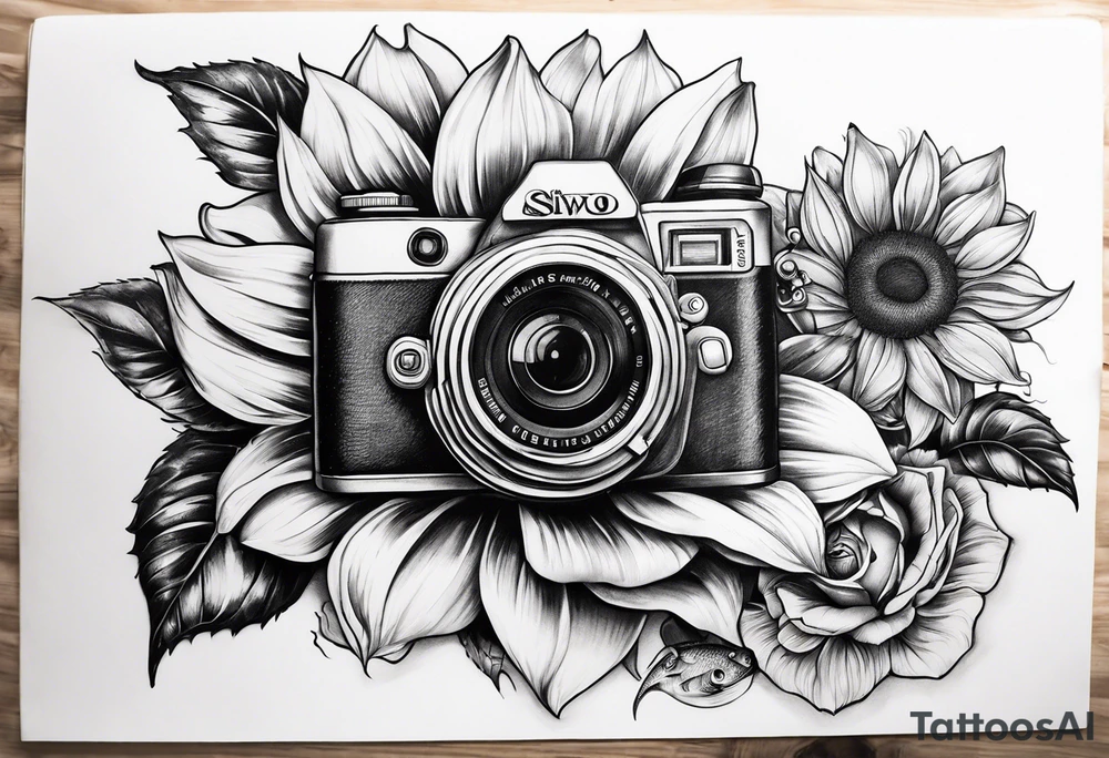 sunflower, camera, fish, flower rose tattoo idea