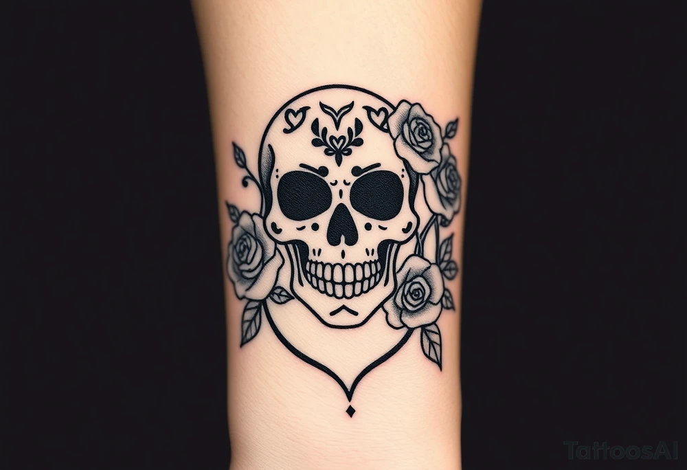 day of the dead skull with hearts and roses tattoo idea