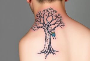 tree wrapped around forearm with adventure time characters Finn, Jake, Princess bubblegum and marceline on the tree in color tattoo idea