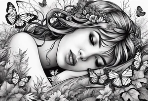 A depressed fairy laid down, flat to the ground on her front, surrounded by mystical woodland and butterflies tattoo idea