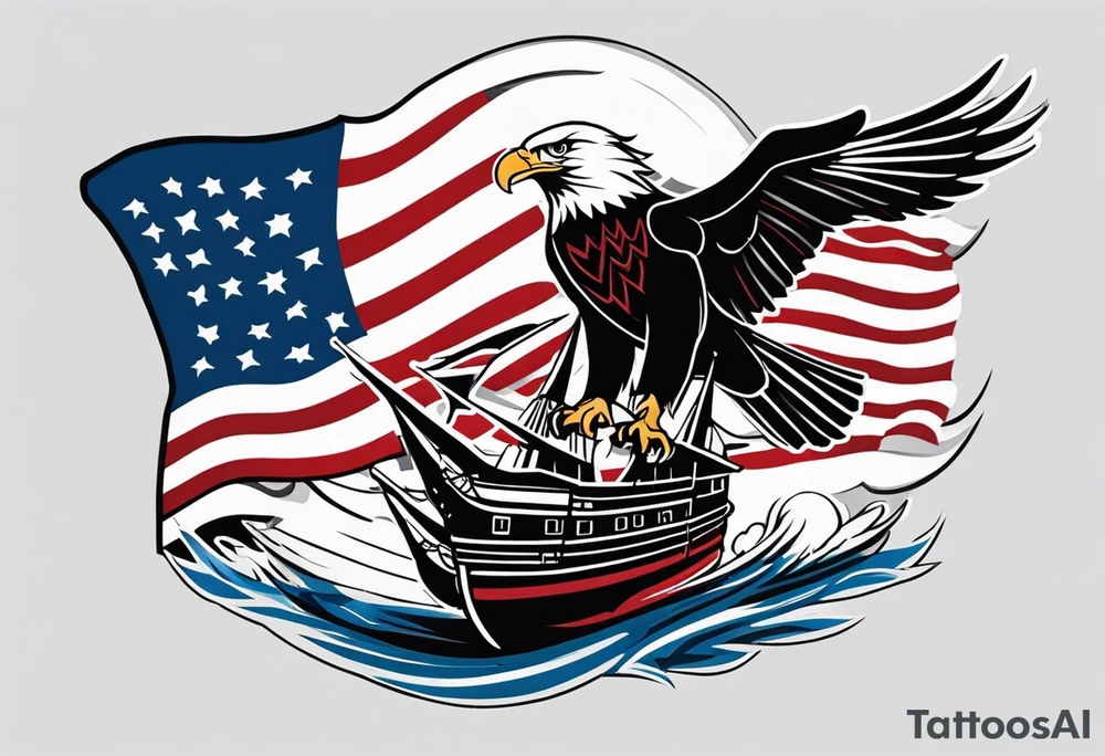 eagle flying in front of ship of the line with American flag tattoo idea