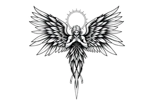 Majestic and powerful archangel wearing a halo, having six wings tattoo idea