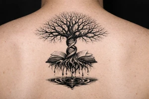 tree of life with a dna spiral for the trunk, bare branches spreading out to represent speciation/evolution, and roots sprouting out of open books to represent knowledge, with water dripping from the roots into a puddle tattoo idea