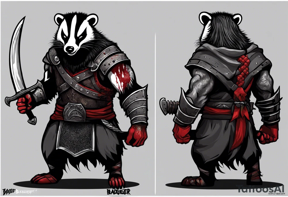 Draw me psychopath Badger/Berserker with aggressive full body, killer face with a scary smile, very long nails and he attacks like a Bloody Assassin/Warrior/Gladiator to us and also, he has very deadly looking. He fights with his nails. Everybody scares after their first sight. Give me horror type Badger Tattoo. I want to see his Realistic full body. tattoo idea
