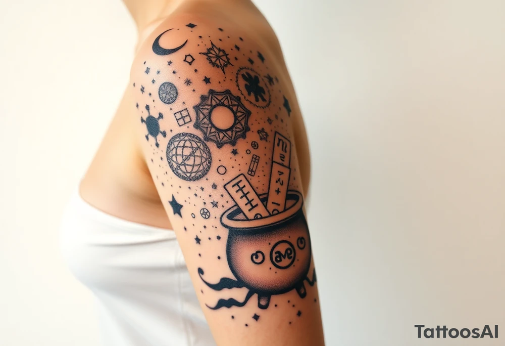 Milky way filled with zodiac symbols runes tarot cards coming out of a cauldron tattoo idea
