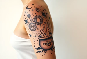 Milky way filled with zodiac symbols runes tarot cards coming out of a cauldron tattoo idea