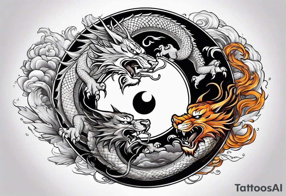 Dragon and tiger fighting on a yin yang plate tattoo idea