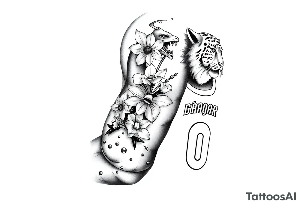 Create an arm tattoo from elbow to shoulder that includes the pokemon charizard, the kobe bryant logo, 1 lily of the valley with 3 daffodils, a tiger, and a basketball jersey with the number 0. tattoo idea