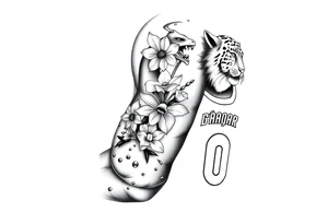 Create an arm tattoo from elbow to shoulder that includes the pokemon charizard, the kobe bryant logo, 1 lily of the valley with 3 daffodils, a tiger, and a basketball jersey with the number 0. tattoo idea