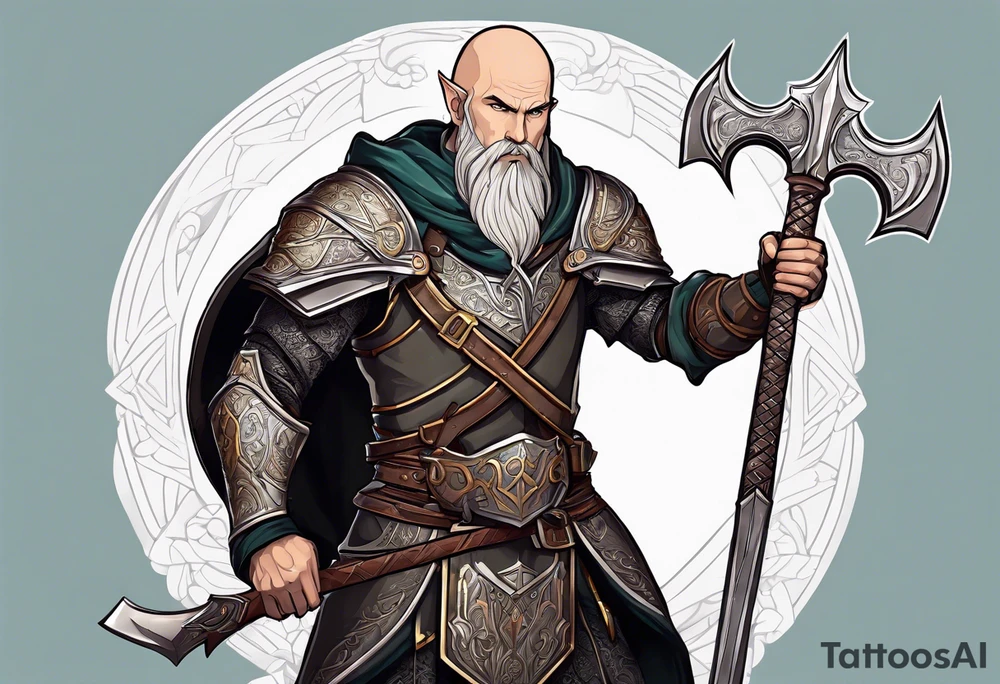 a full-body picture of a 30-year-old, human elf, bearded bald male, paladin, holding a battle axe, tattoo idea