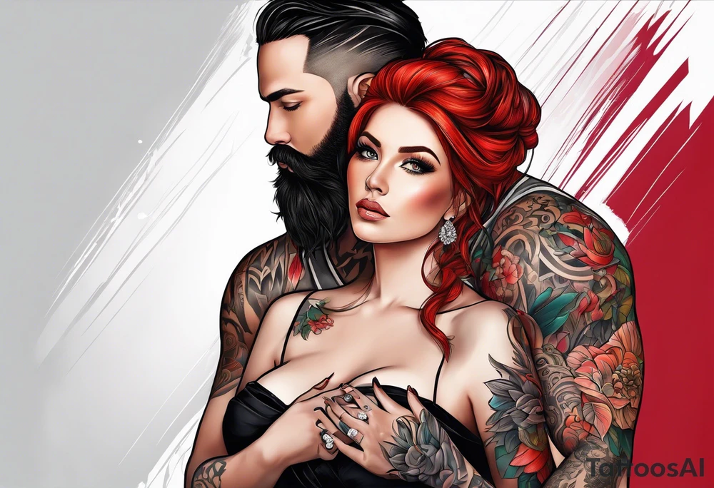 Busty red haired woman with a bearded man who has black hair getting married tattoo idea