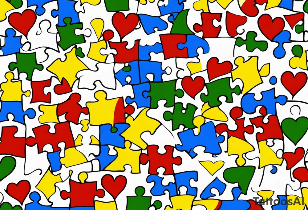 I want a tattoo with the autism puzzle pieces, using the colors blue, yellow, green and red, in the shape of a heart. tattoo idea