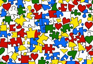 I want a tattoo with the autism puzzle pieces, using the colors blue, yellow, green and red, in the shape of a heart. tattoo idea