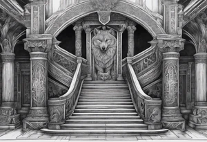 a staircase to valhalla with Odin at its end. On the side of the stair is a pack ow wolves. Also add in a a pair of doves and two ravens tattoo idea