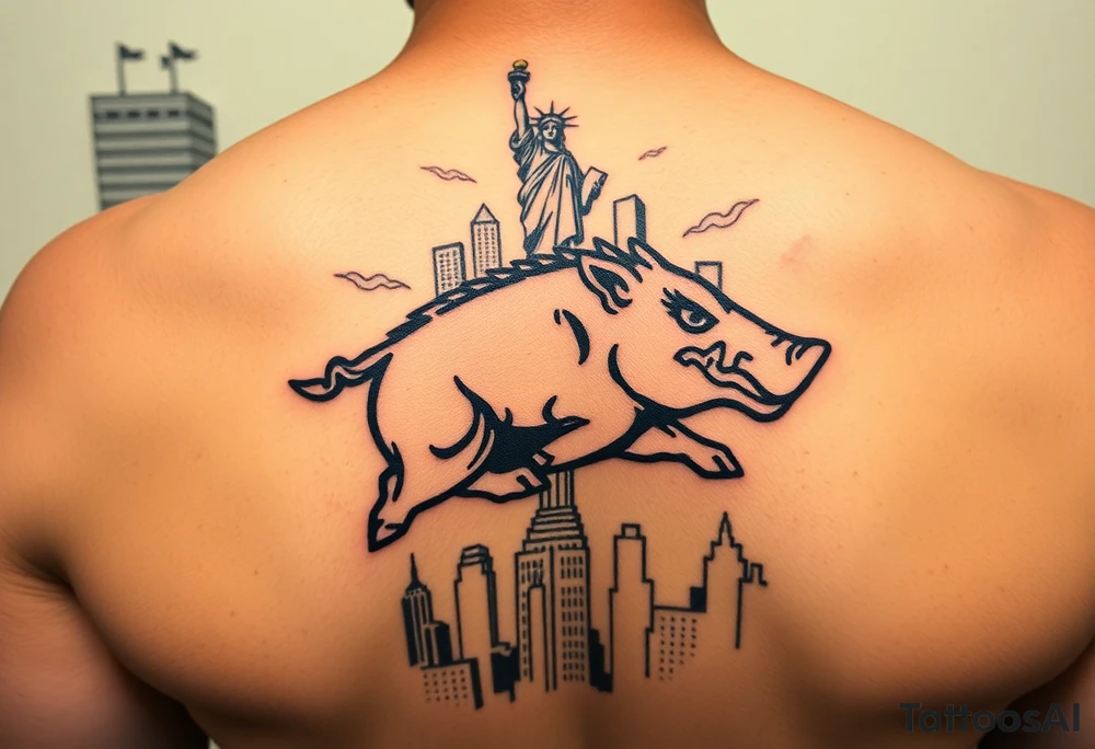 Arkansas razorback logo running through the streets of New York City with the Statue of Liberty in the background tattoo idea