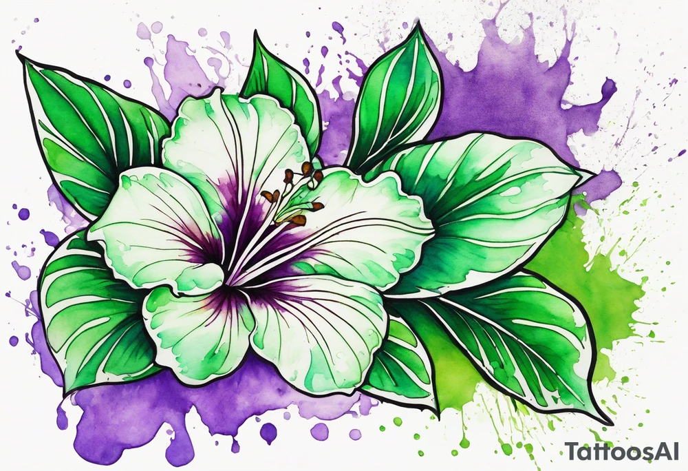 An outline of a green rio dipladenia flower and a green and purple watercolor splash in the background tattoo idea