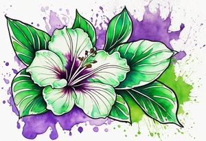 An outline of a green rio dipladenia flower and a green and purple watercolor splash in the background tattoo idea