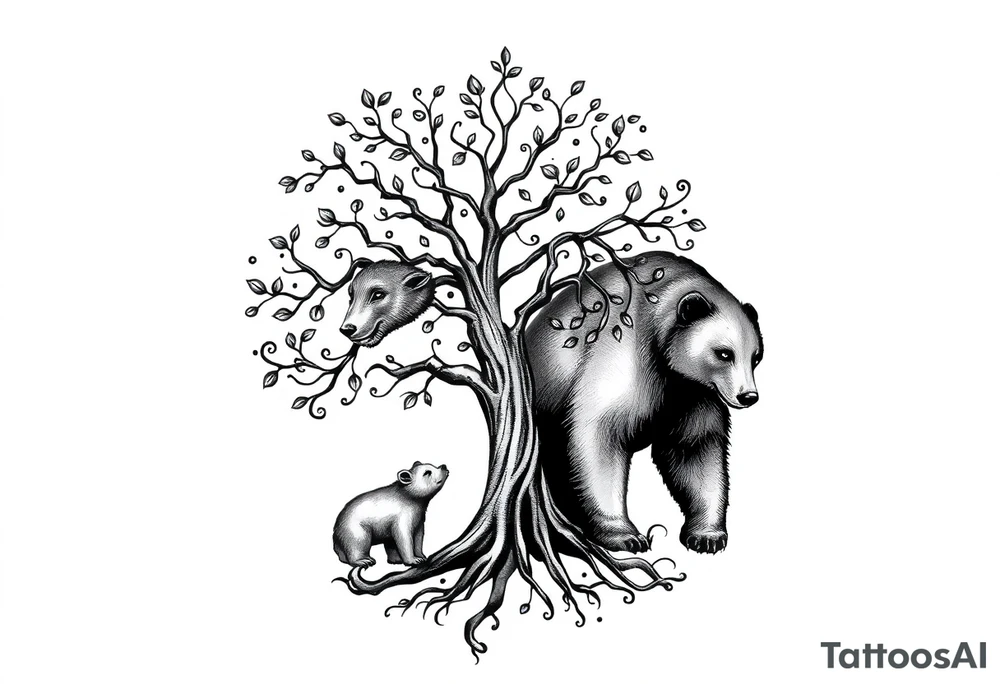 Tree of life and mama bear and one cub tattoo idea