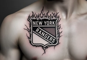 Chest tattoo: A burning New York Rangers logo tattoo idea