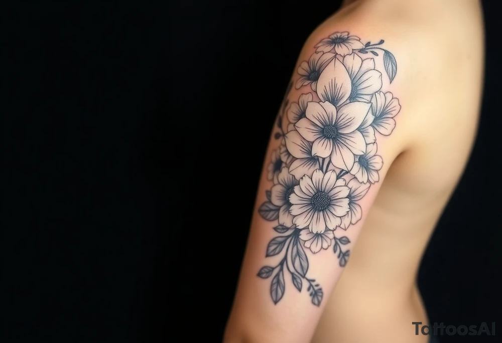 This tattoo is on a woman. It starts on her left side of the chest on the pectoral with a Glaiolus and Daisy together, then the tattoo rises over the left shoulder and down the arm and ends at the elbow. The tattoo will include a primroses, Calla Lilys, and Lillys. It will be light on color except in the petals and has light shading to make it pop. It will not wrap around the chest but rather bloom upwards from the pectoral and spill over the shoulder and down to the elbow. tattoo idea