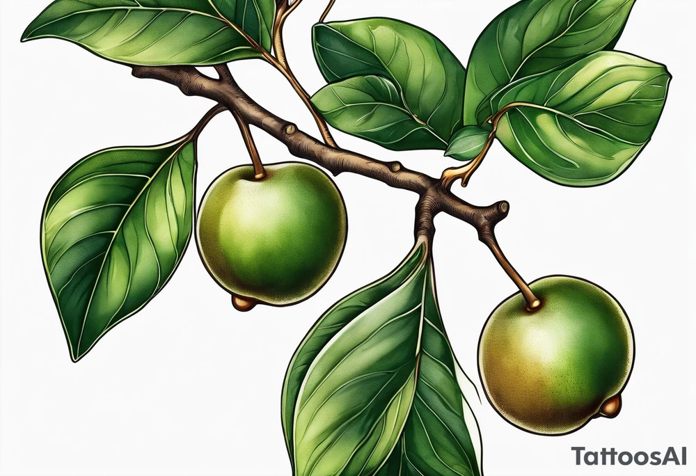 A ficus edulus branch with 3 greenish-brown fruits and multiple leaves tattoo idea