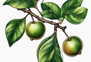 A ficus edulus branch with 3 greenish-brown fruits and multiple leaves tattoo idea