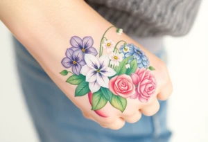 African violet, Daisy, Lily of the valley, Rose, hydrangea in a flower pot. Light color shading tattoo idea