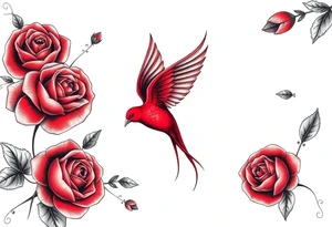Vintage lace, red roses close together, bright red bird flying freely tattoo idea