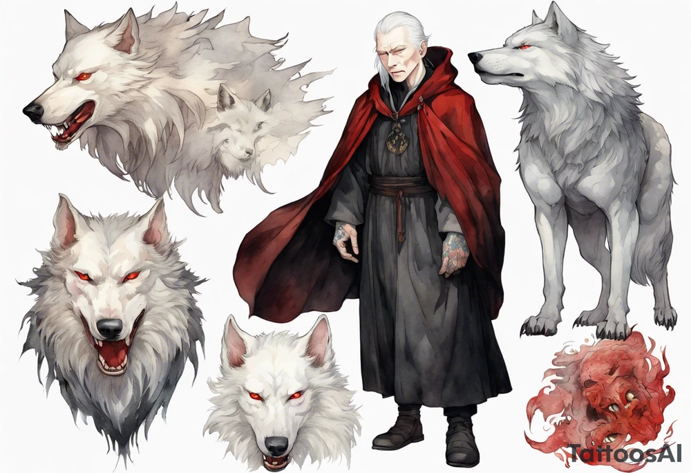 a pale-skinned medieval man with grey hair, red eyes, and a black cloak standing beside a massive albino wolf tattoo idea