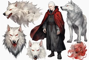 a pale-skinned medieval man with grey hair, red eyes, and a black cloak standing beside a massive albino wolf tattoo idea