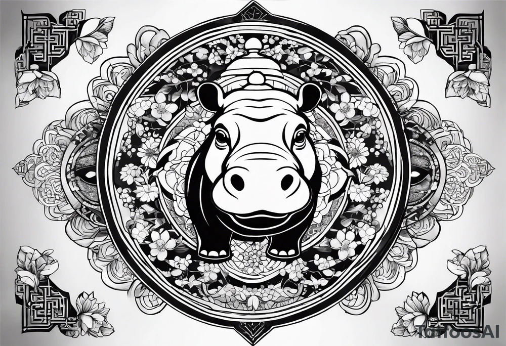 Very asymmetrical, +geometric pattern, with realistic full moon, with seeious looking hippo, +zen feel, + Buddhism touch,
with wintersweet flower bud, +portrait orientation, +inkart touch, tattoo idea