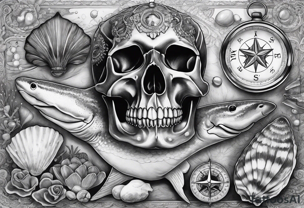 Compass, shells, shark teeth, starfish, oyster with pearl, skull tattoo idea