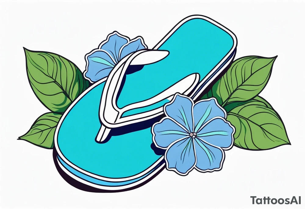 small tattoo of a single pastel blue flip flop surrounded by blue and periwinkle hydrangea flowers with green leaves tattoo idea