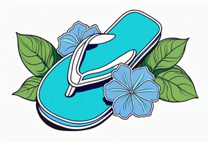 small tattoo of a single pastel blue flip flop surrounded by blue and periwinkle hydrangea flowers with green leaves tattoo idea