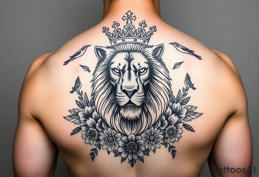 powerful majestic lion with a crown, surrounded by floral ornaments and birds tattoo idea